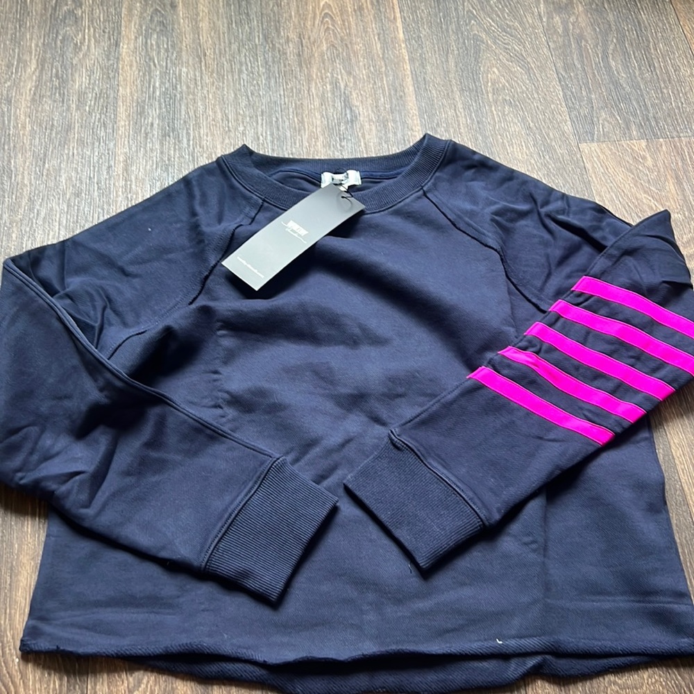 Navy Cropped Sweatshirt with Magenta Stripes
